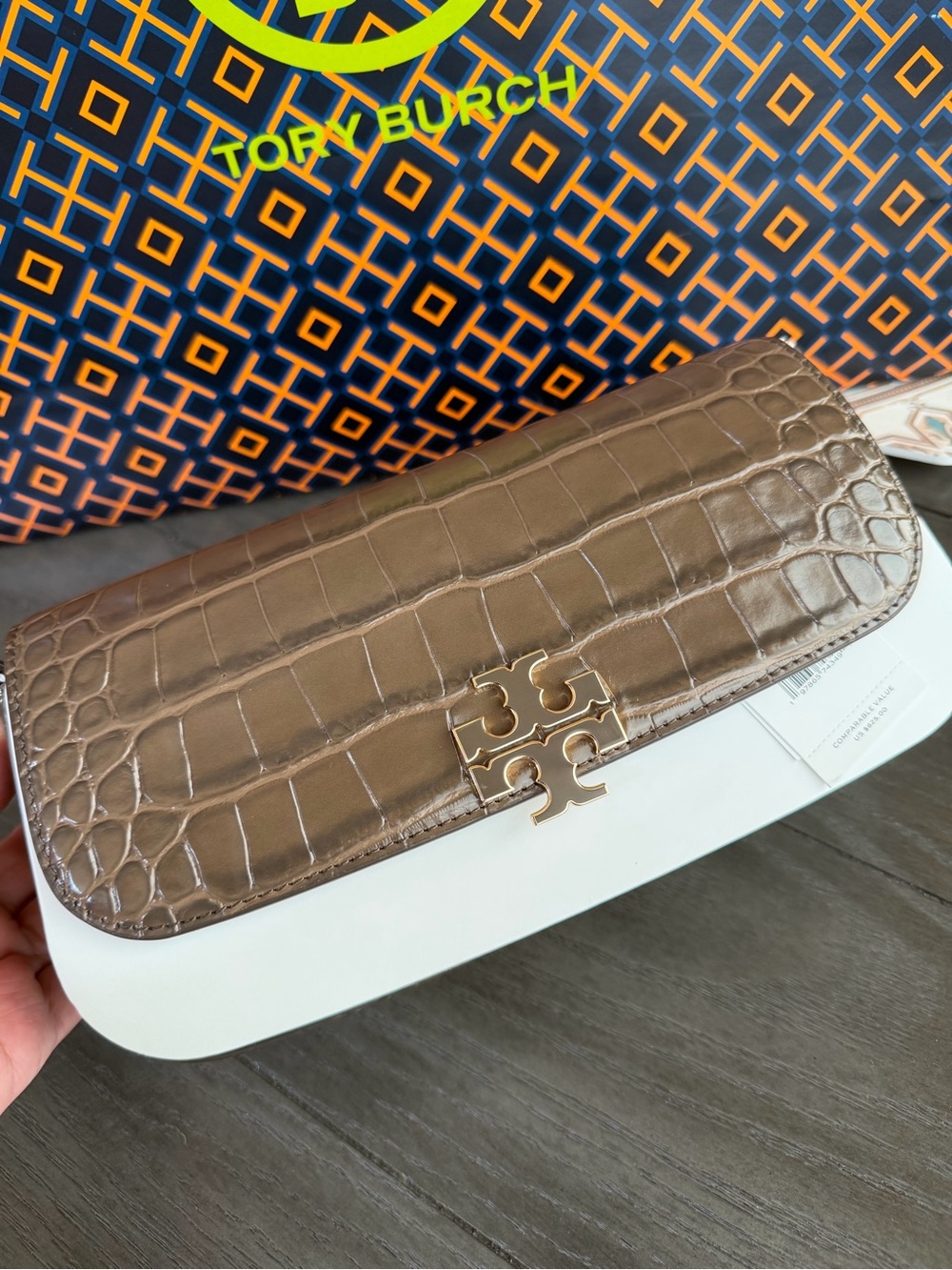 Tory Burch Britten Brown Croc-Embossed Shoulder Bag with Gold Logo